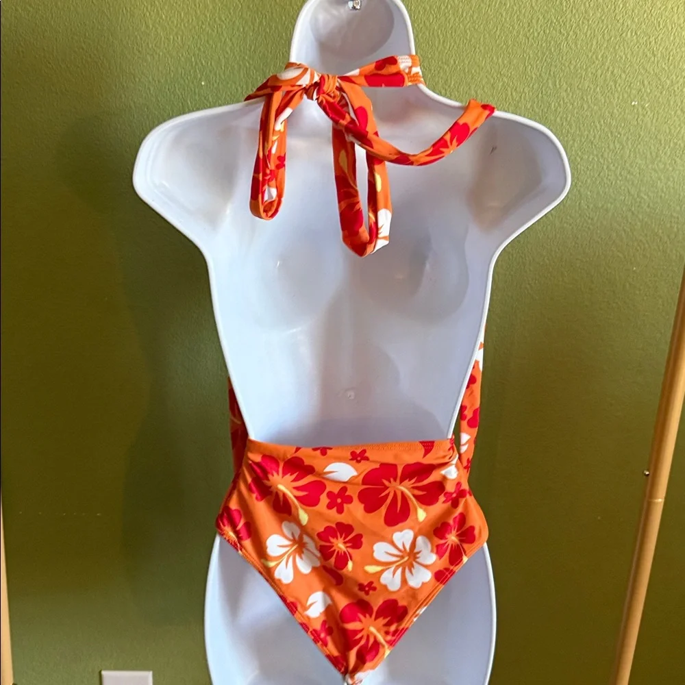 Orange Floral One-Piece backless Swimsuit - Picture 2 of 3